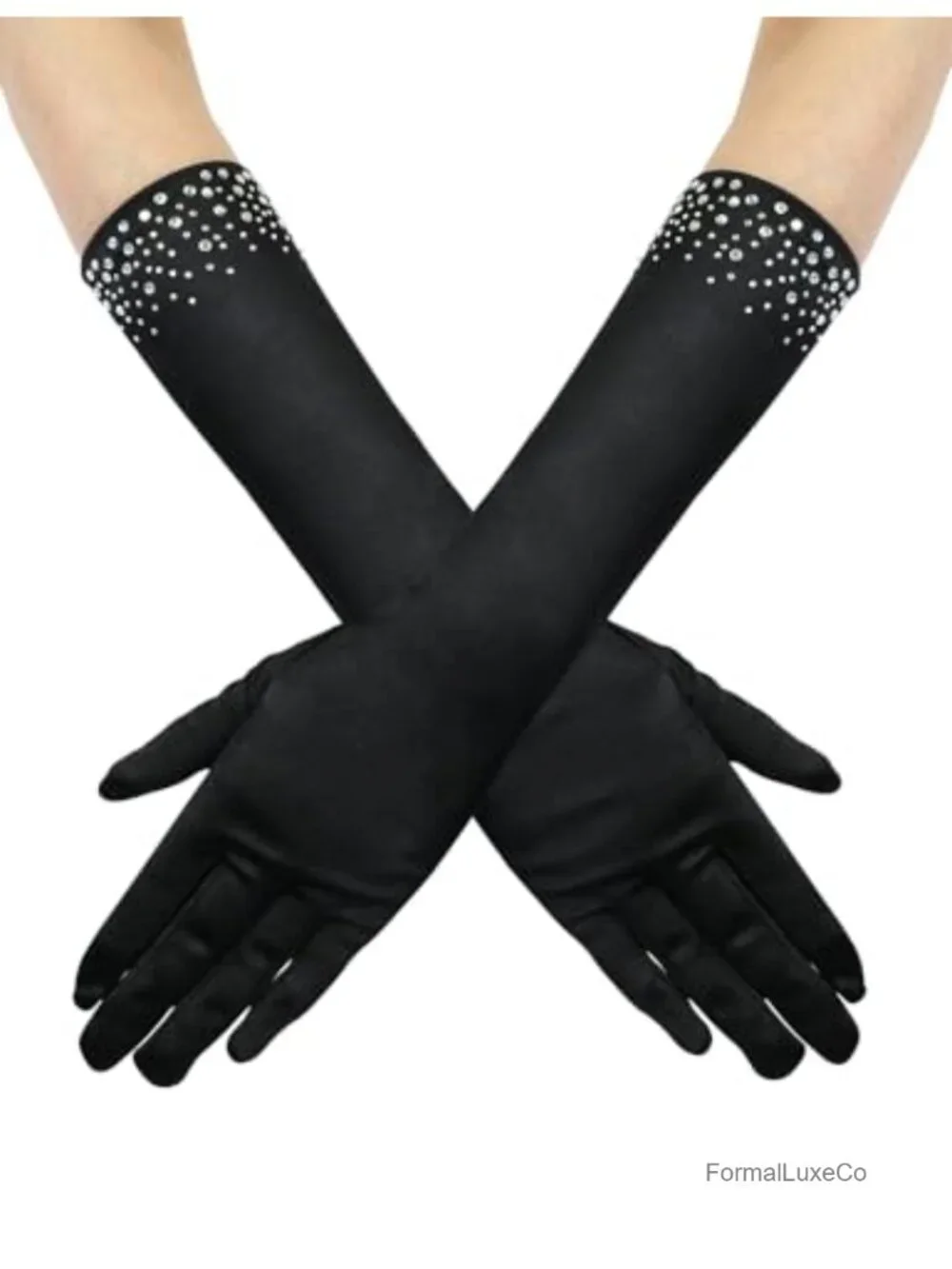 Long Rhinestone Satin Opera Party Gloves Beaded Elbow Length Women's Gloves
